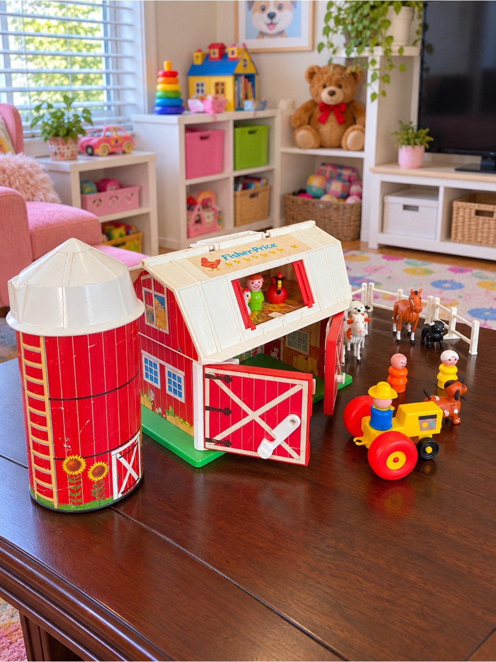 Fisher-Price 1968 Barn Playset with Yellow Tractor and Farmer Figures